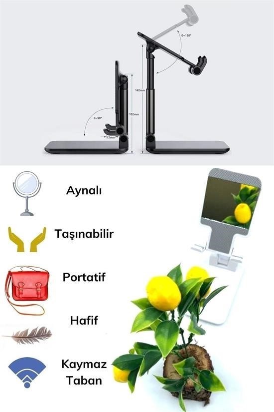 BUFFER® Beyaz  Aynalı Cep Telefonu Sabitleyici Stand Katlanabilir Ayarlanabilir Telefon Standı