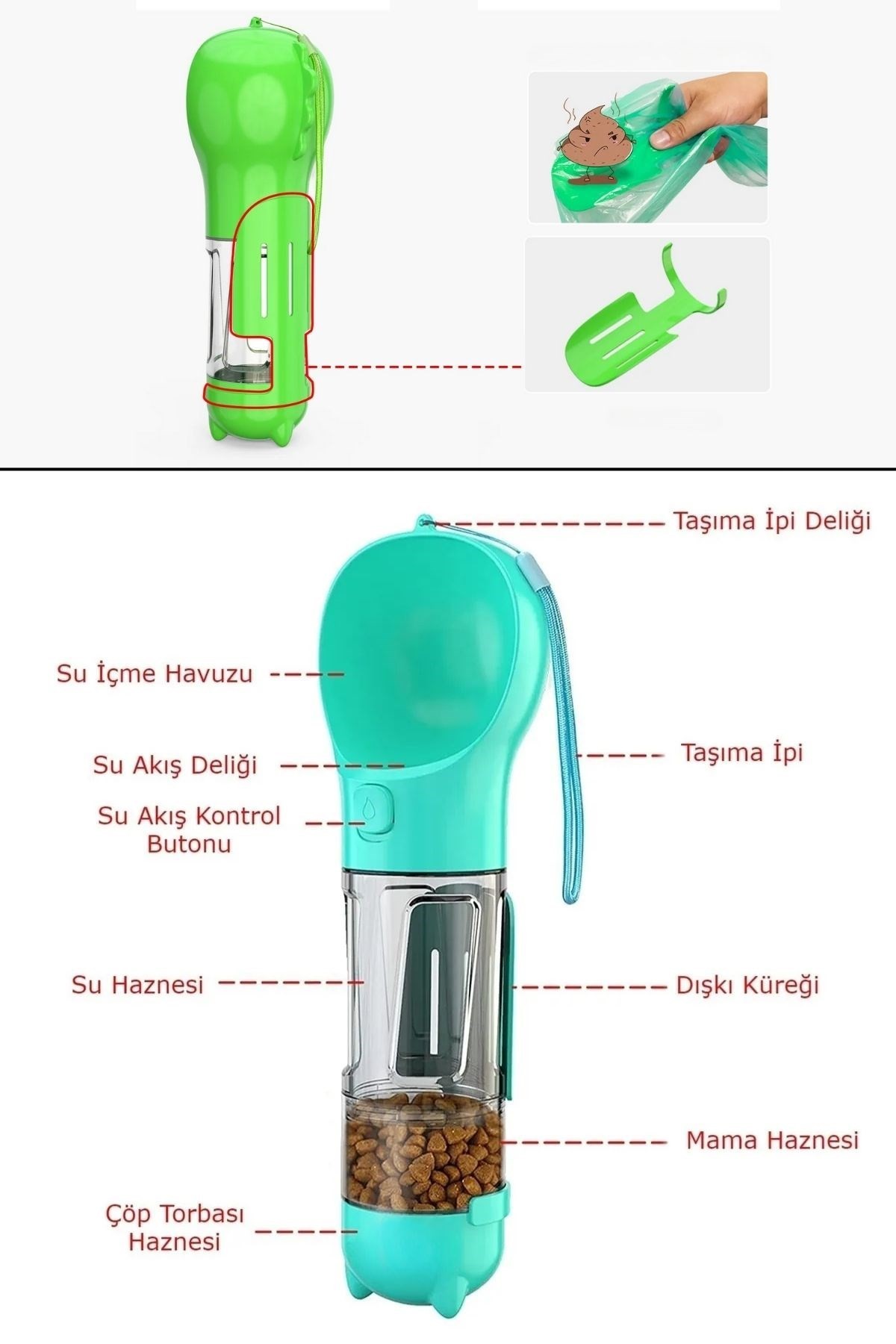BUFFER® Taşınabilir Hazneli Mama Kaplı ,Kaka Poşetli Kedi,Köpek Suluğu300ml