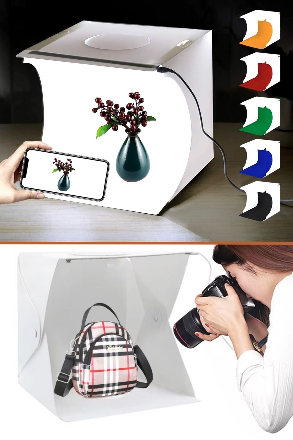 BUFFER® Katlanır Işıklı Fotoğraf Stüdyosu 40x40 cm 6 Renk Fonlu Ürün Çekimi İçin Uygun Fotoğraf Çekim Kutusu