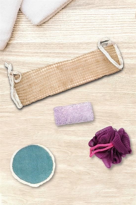 BUFFER® 4 Parçalı Banyo Duş Lifi Seti Vücut Sırt Yüz Lifi Ponza Taşı