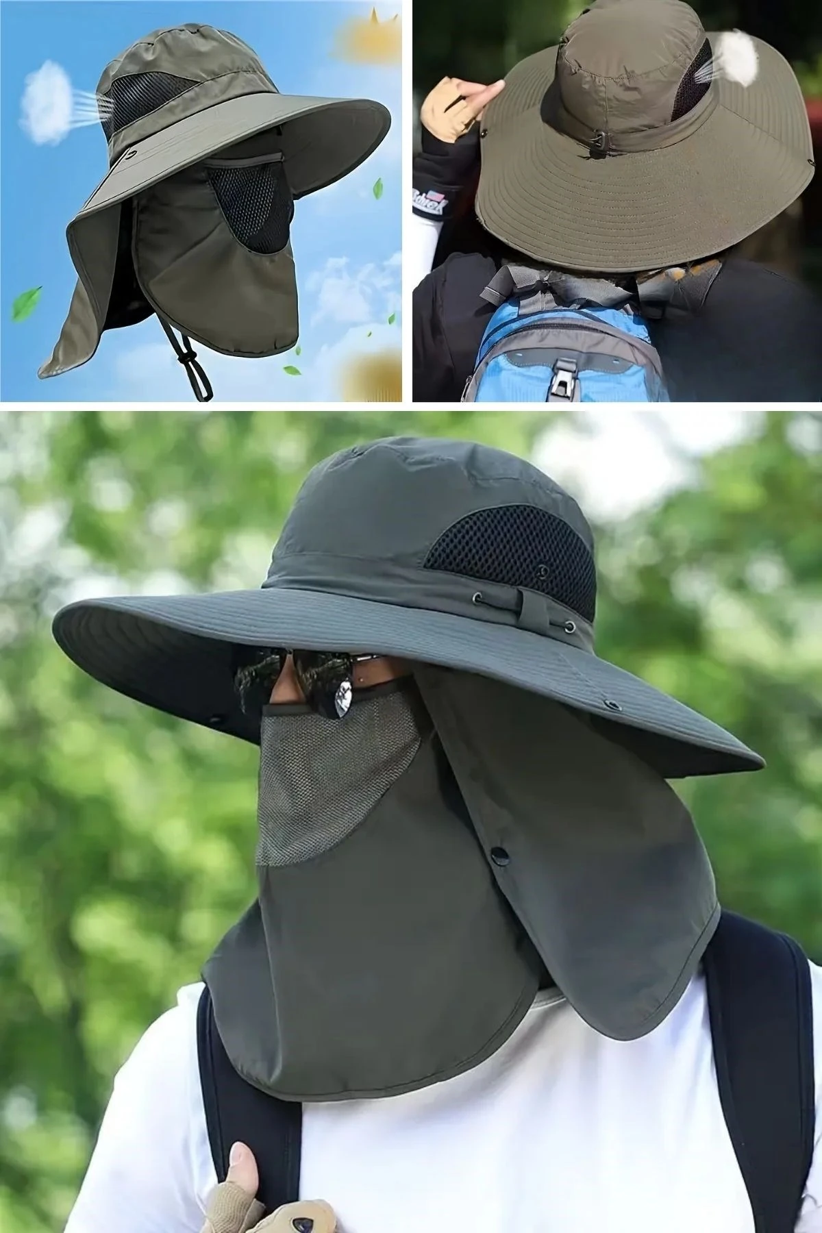 BUFFER® Güneş Koruyuculu Nefes Alabilen Maskeli ve Boyun Kapaklı Geniş Kenarlı Balıkçı Şapkası