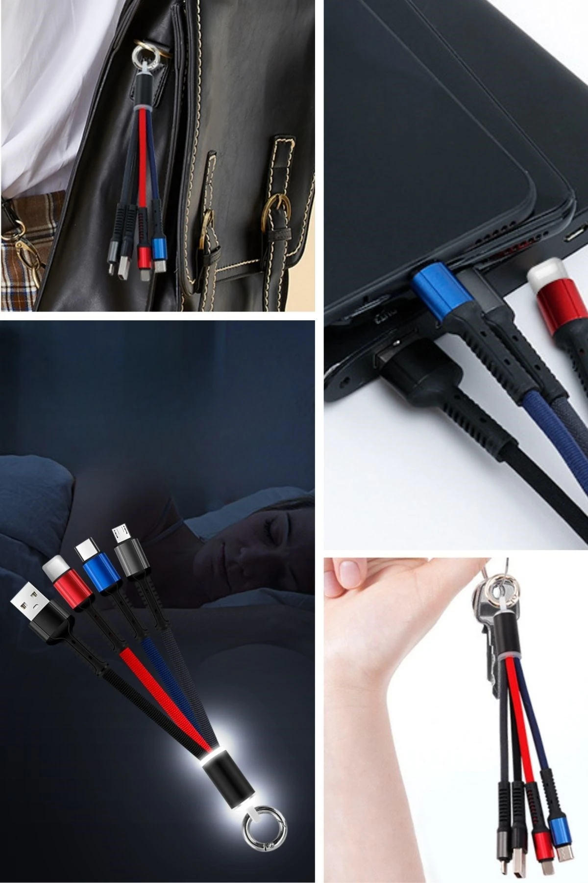 BUFFER® Işıklı Anahtarlık Model 3 in 1 USB Çıkışlı MİKRO,TYPEC ve İphone Uyumlu Şarj Kablosu