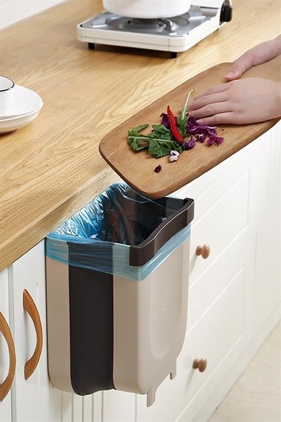 BUFFER® Mutfak Askılı Çöp Kovası Katlanabilir Raylı Çöp Kovası Plastik