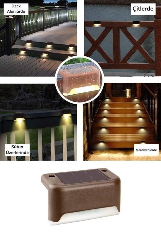 BUFFER® Solar Güneş Enerjili Şarj Edilen Köşebent Merdiven Veranda Bahçe Yolu Led Lamba Işık 4 Adet