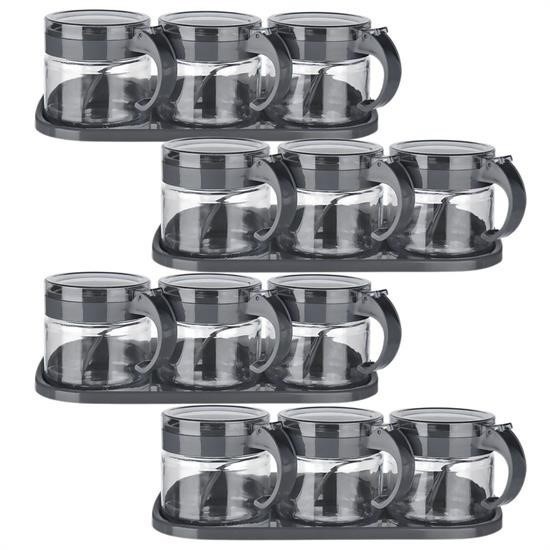 BUFFER® Gri  3lü Standlı Kapaklı Kaşıklı Cam Hava Sızdırmaz Baharatlık Takımı KC386
