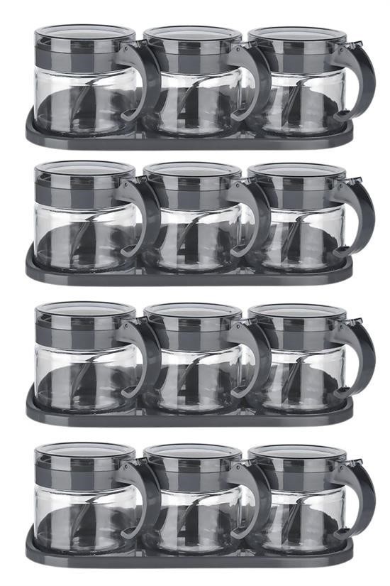 BUFFER® Gri  3lü Standlı Kapaklı Kaşıklı Cam Hava Sızdırmaz Baharatlık Takımı KC386