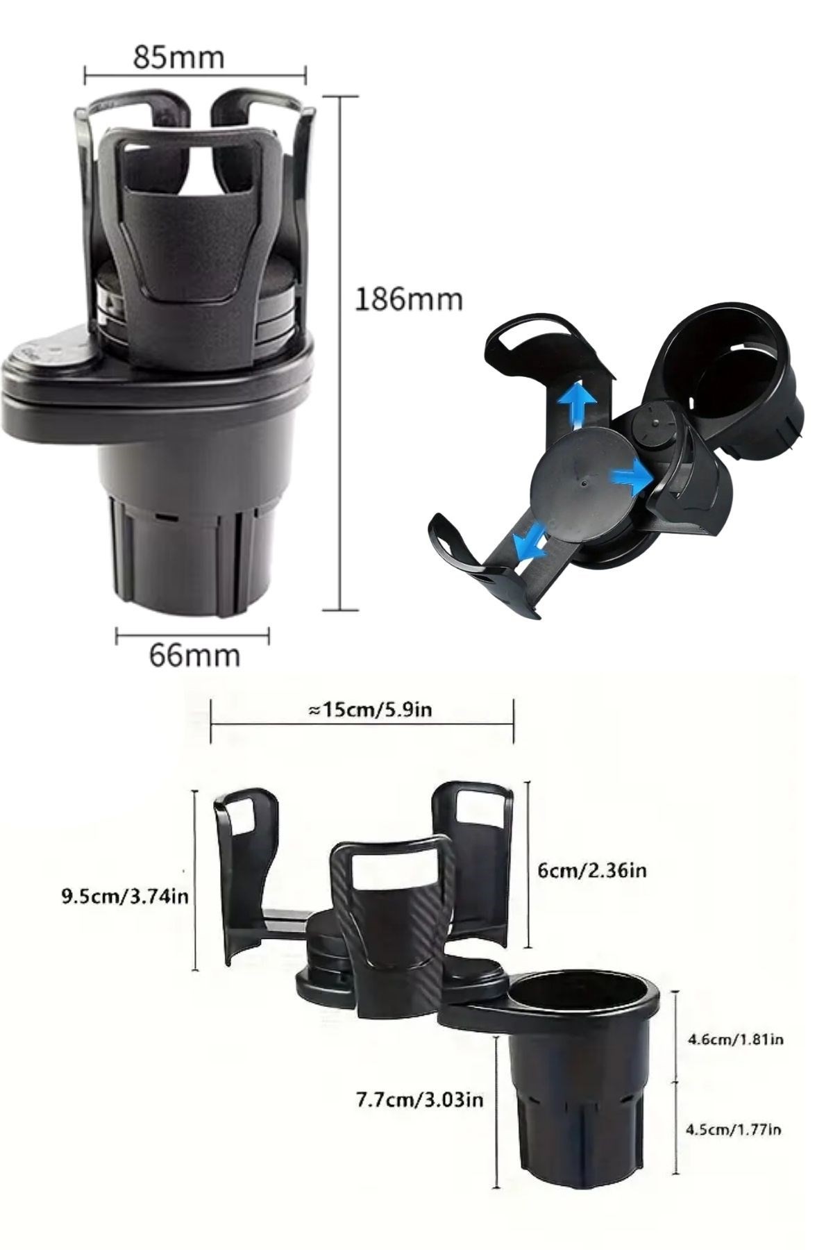 BUFFER® Araç İçi 360 Derece Dönen 2'li Bardaklıklı Açılarak Ayarlanabilir Bardak Tutucu Aparat