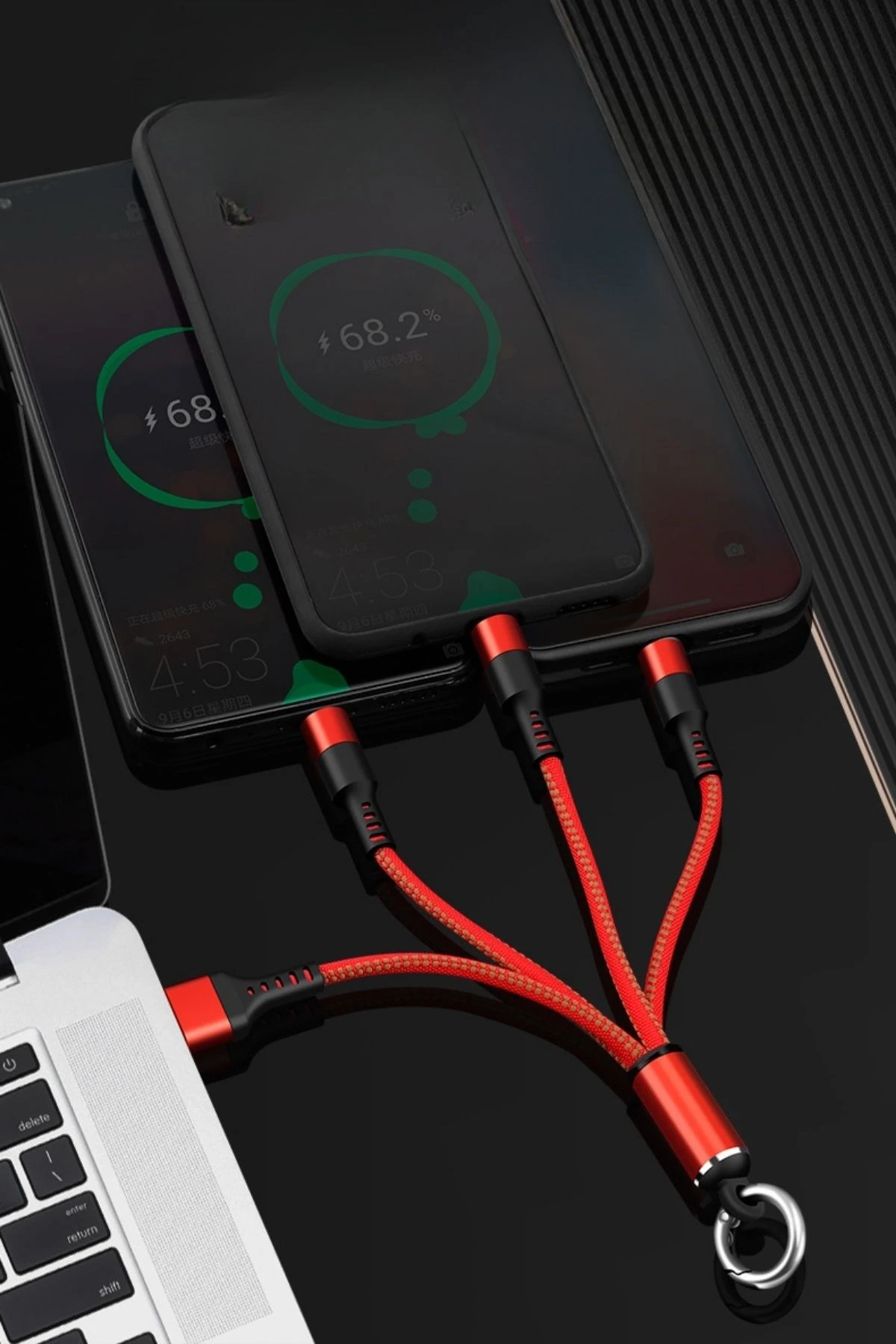 BUFFER® Işıklı Anahtarlık Model 3 in 1 USB Çıkışlı MİKRO,TYPEC ve İphone Uyumlu Şarj Kablosu