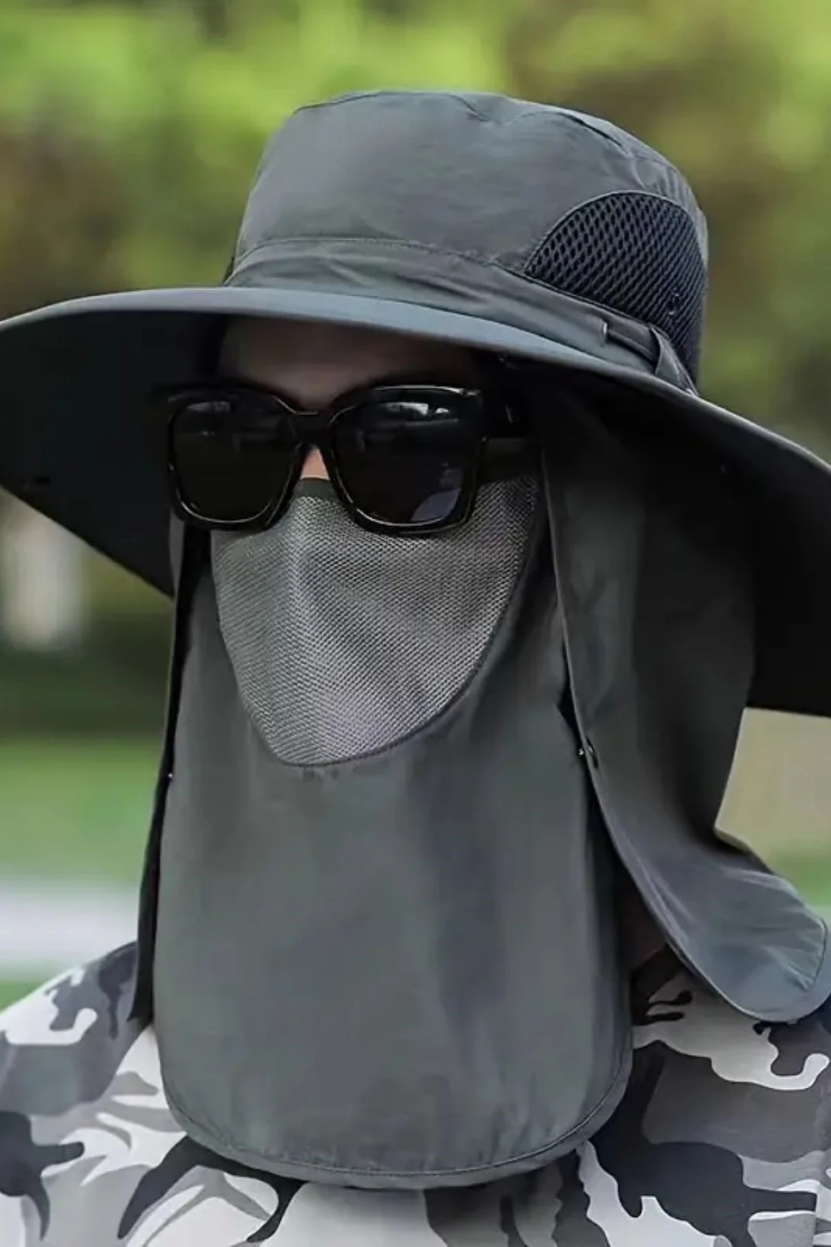 BUFFER® Güneş Koruyuculu Nefes Alabilen Maskeli ve Boyun Kapaklı Geniş Kenarlı Balıkçı Şapkası