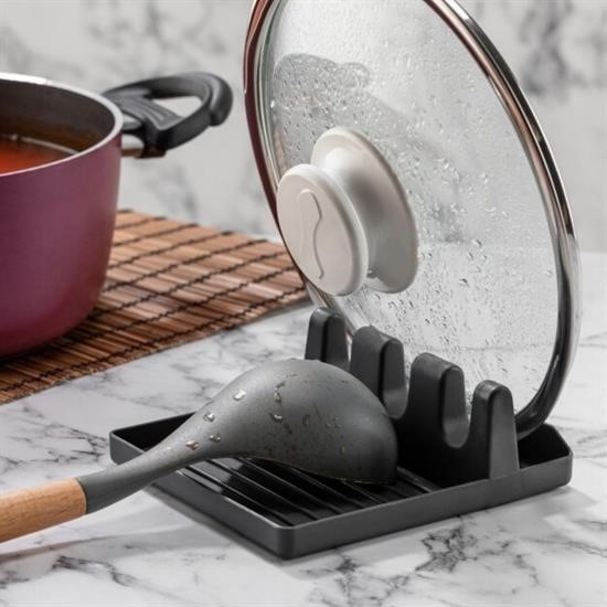 BUFFER® Tencere Kapak Tutuculu Kaşıklıklı Tencere Kapak Standı Pratik Kaşık Kepçe Altlık Düzenleyici