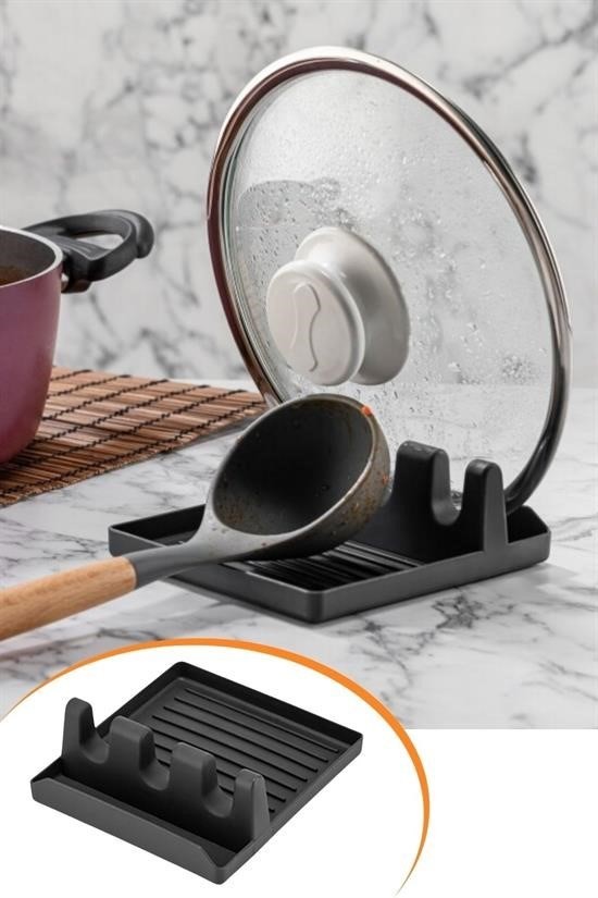 BUFFER® Tencere Kapak Tutuculu Kaşıklıklı Tencere Kapak Standı Pratik Kaşık Kepçe Altlık Düzenleyici