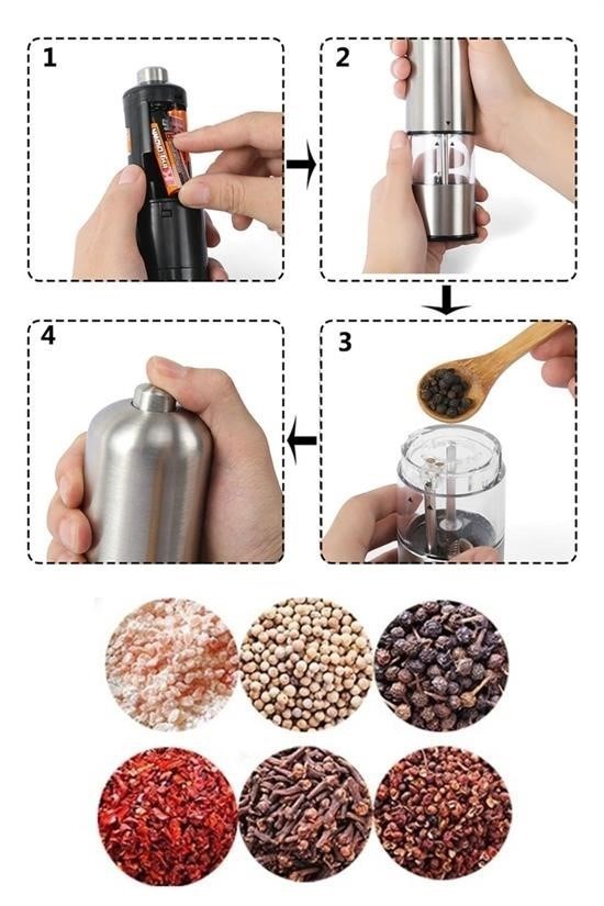 BUFFER® Pilli Işıklı Otomatik Ayarlanabilen Kalınlıklı Tuz Karabiber Baharat Değirmen Öğütücü