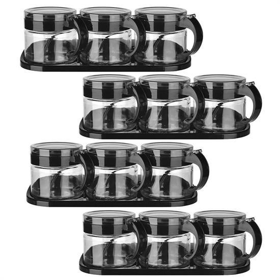 BUFFER® Siyah 3lü Standlı Kapaklı Kaşıklı Cam Hava Sızdırmaz Baharatlık Takımı KC386