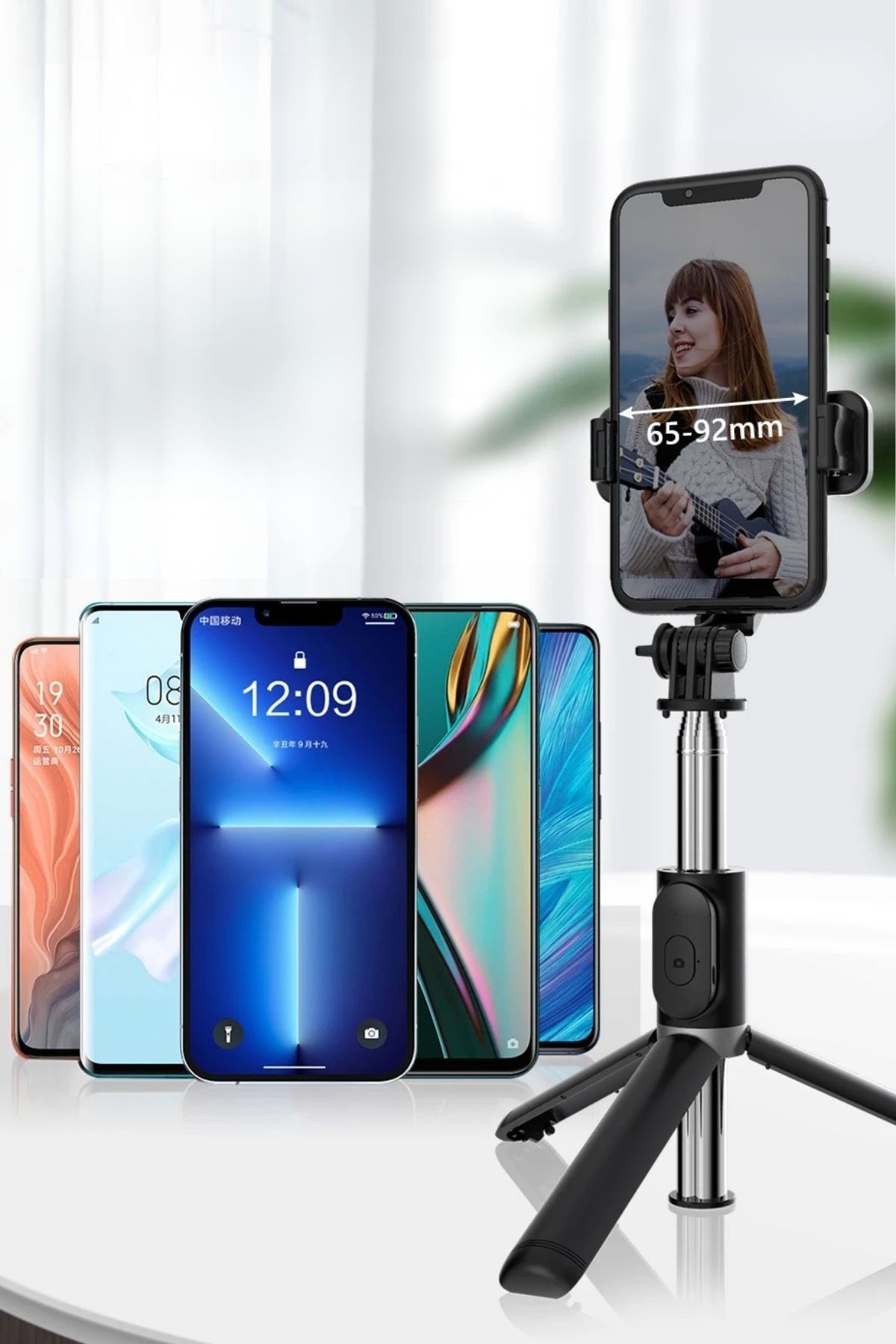BUFFER® Masaüstü Tripod Olabilen Telefon Tutuculu Kablosuz Kumandalı Selfie Çubuğu