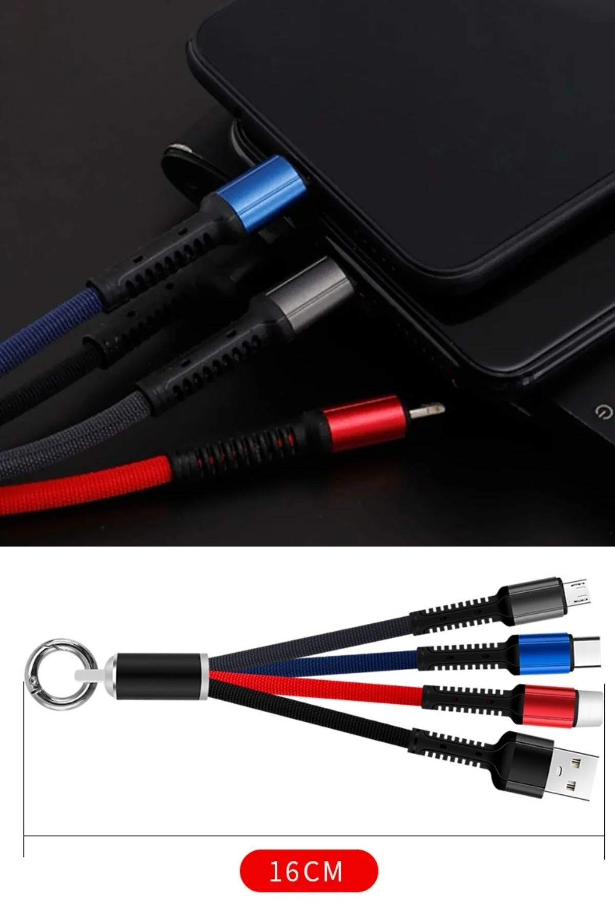 BUFFER® Işıklı Anahtarlık Model 3 in 1 USB Çıkışlı MİKRO,TYPEC ve İphone Uyumlu Şarj Kablosu