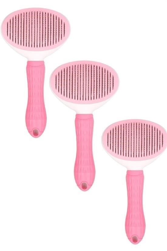 BUFFER® Kedi Köpek Tüy Toplayıcı Kendini Temizleyebilen Ergonomik Saplı Evcil Hayvan Tarağı Pembe