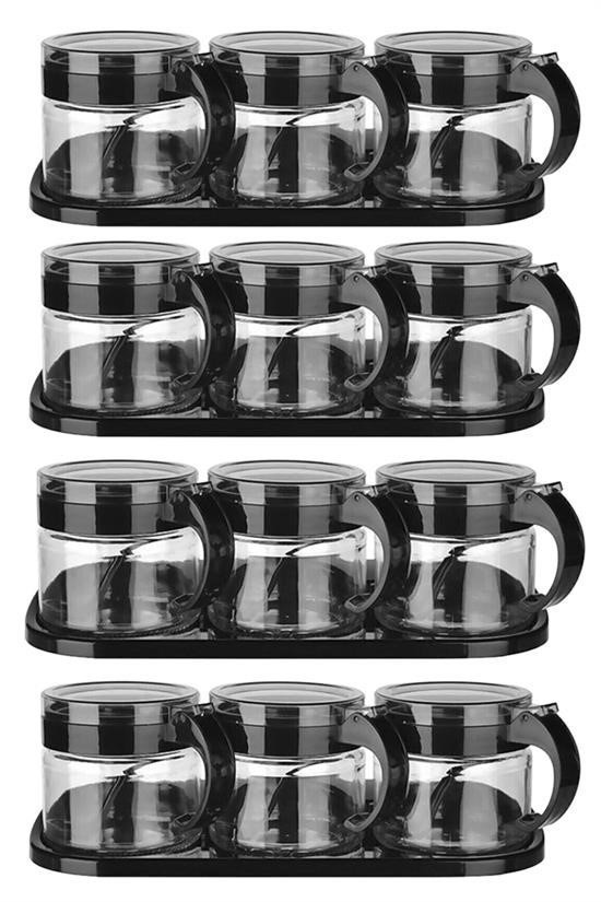 BUFFER® Siyah 3lü Standlı Kapaklı Kaşıklı Cam Hava Sızdırmaz Baharatlık Takımı KC386