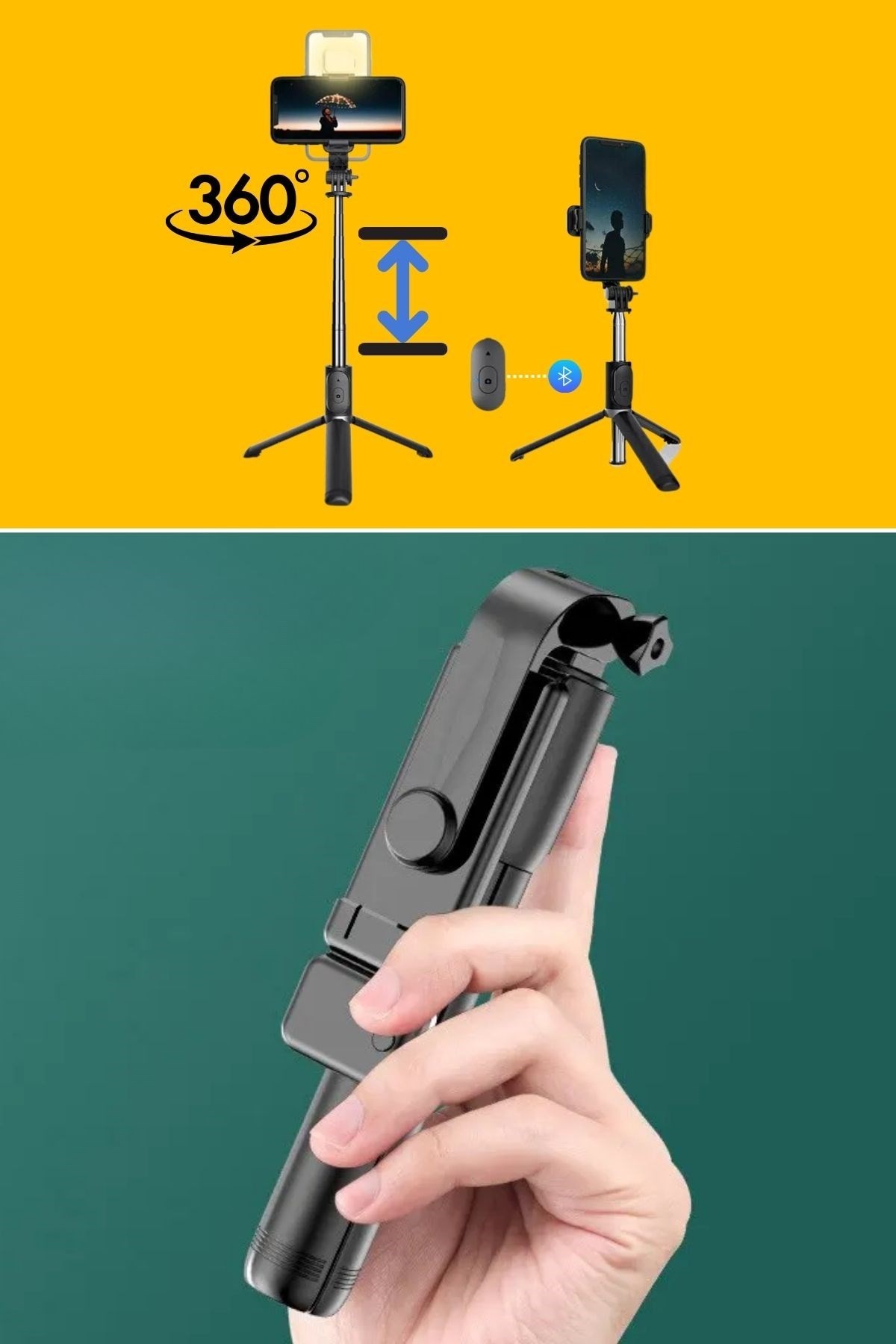 BUFFER® Kendiliğinden Işıklı Masaüstü Tripod Olabilen Telefon Tutuculu Kablosuz Kumandalı Selfie Çubuğu