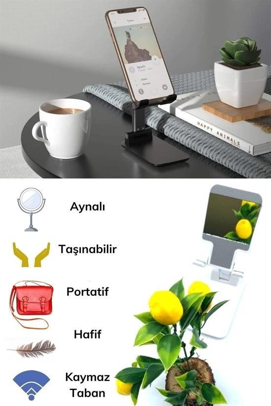 BUFFER® Siyah Aynalı Cep Telefonu Sabitleyici Stand Katlanabilir Ayarlanabilir Telefon Standı