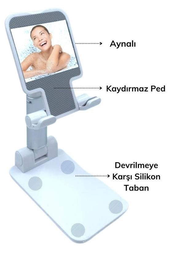 BUFFER® Beyaz  Aynalı Cep Telefonu Sabitleyici Stand Katlanabilir Ayarlanabilir Telefon Standı