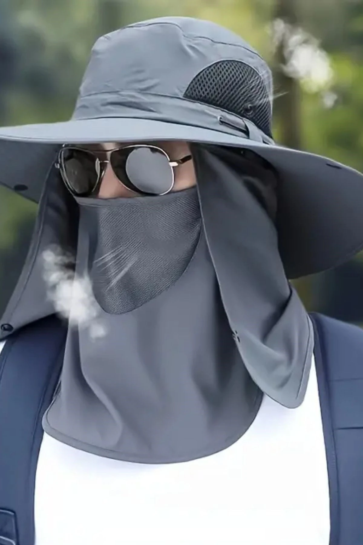 BUFFER® Güneş Koruyuculu Nefes Alabilen Maskeli ve Boyun Kapaklı Geniş Kenarlı Balıkçı Şapkası