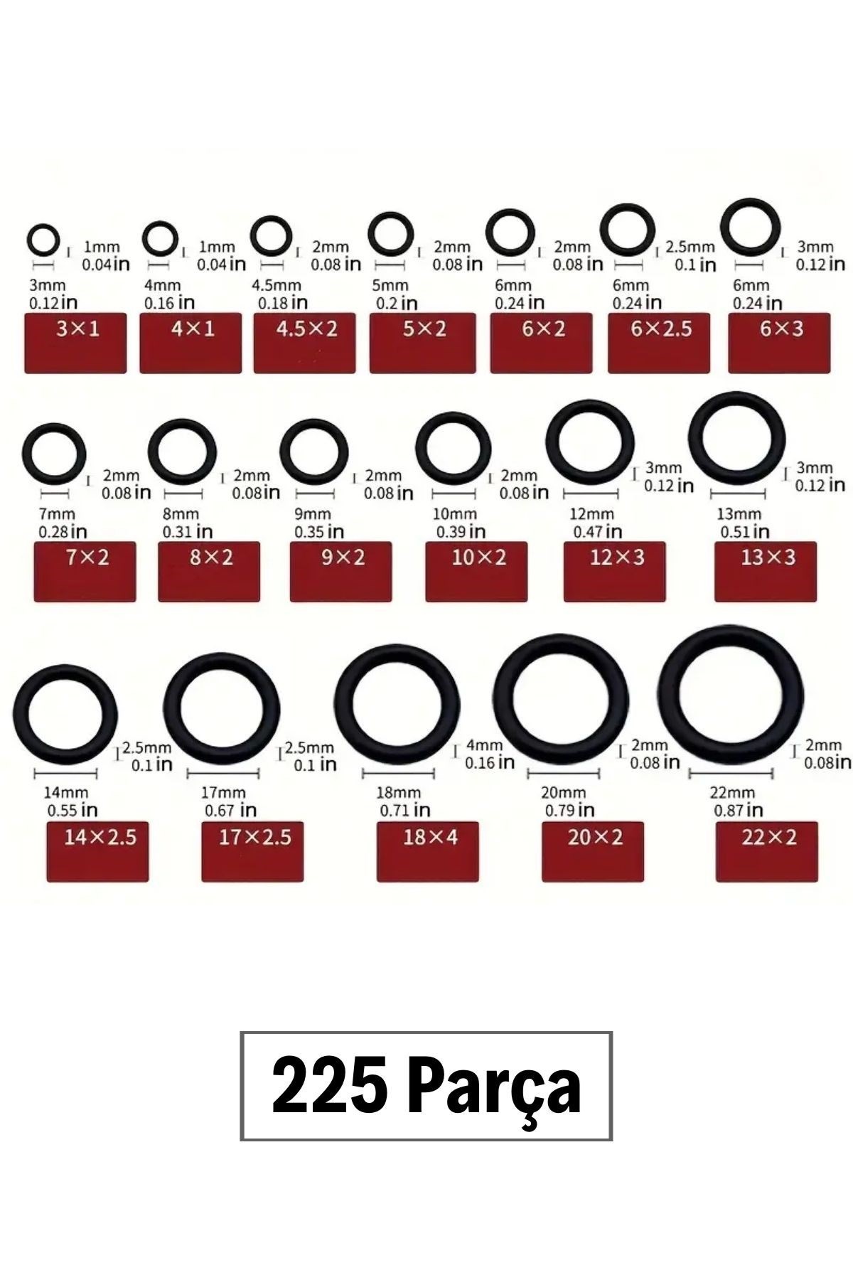 BUFFER® 225 Parça Kauçuk Conta Seti ,Kendiliğinden Saklama Kutulu O Halkası Seti