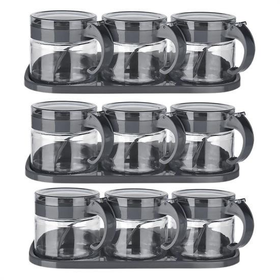 BUFFER® Gri  3lü Standlı Kapaklı Kaşıklı Cam Hava Sızdırmaz Baharatlık Takımı KC386