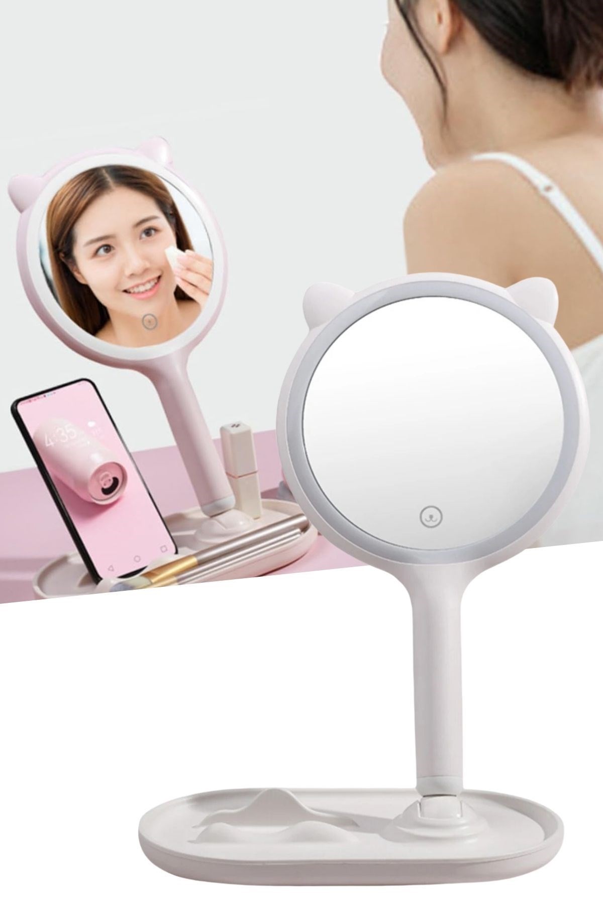 BUFFER® Kedi Kulaklı Telefon Standlı Yuvarlak Dokunmatik Led Ayarlı Masa Üstü Makyaj Aynası