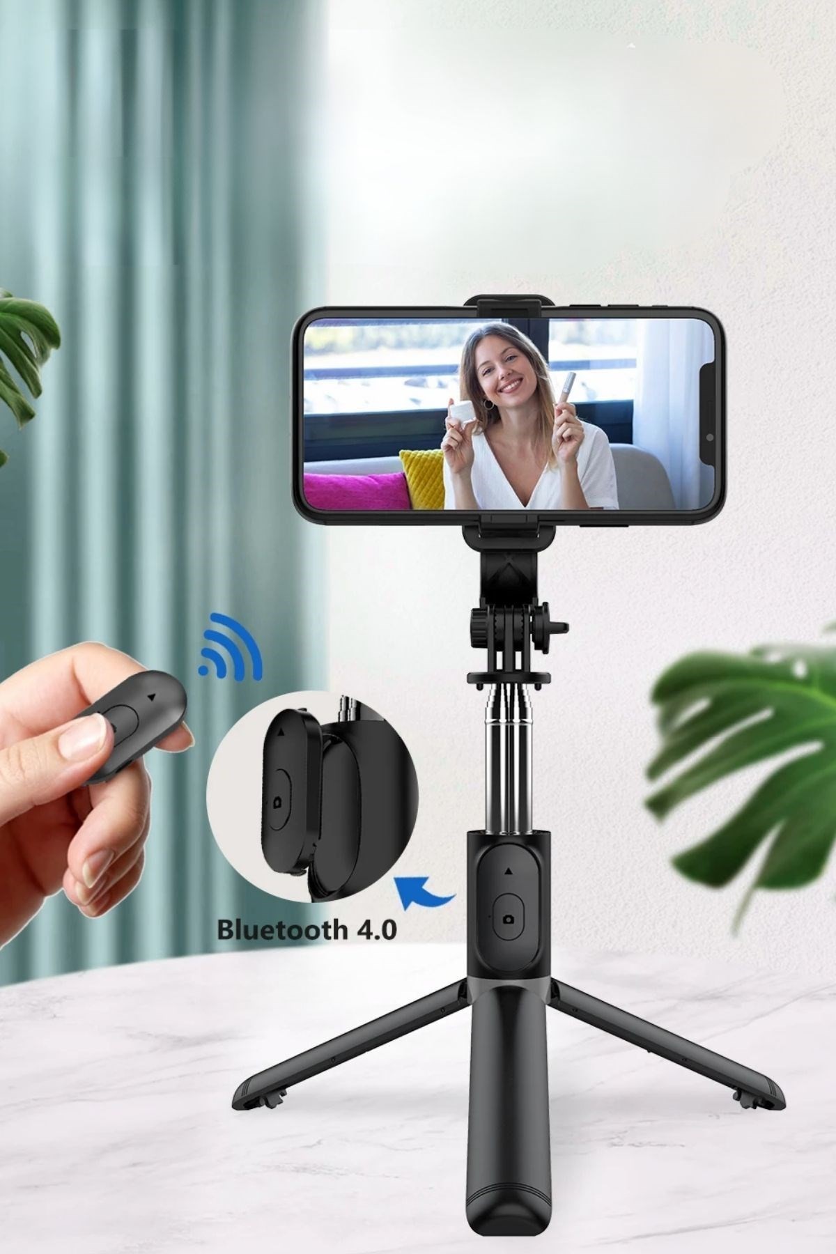 BUFFER® Masaüstü Tripod Olabilen Telefon Tutuculu Kablosuz Kumandalı Selfie Çubuğu