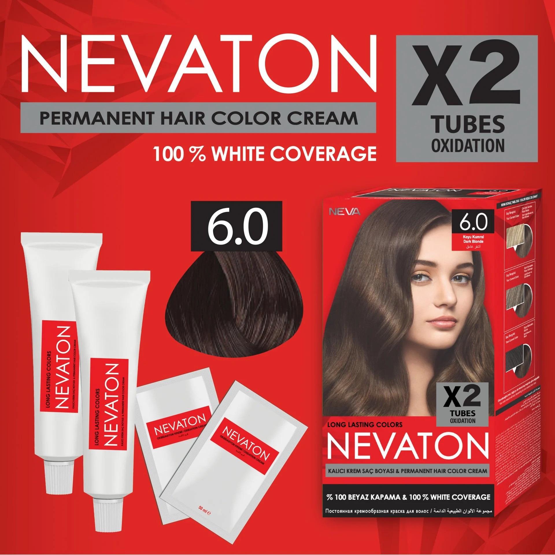 NEVATON 2 x 2'Lİ SET 6.0 KOYU KUMRAL Kalıcı Krem Saç Boyası Seti (4 boya + 4 oksidan)