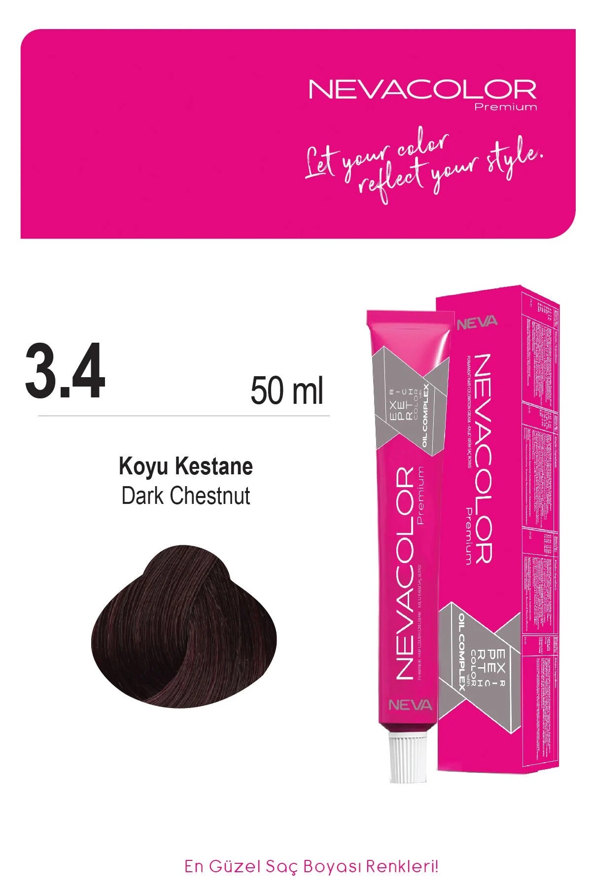 Nevacolor Premium 3.4 Koyu Kestane - Kalıcı Krem Saç Boyası 50 g Tüp