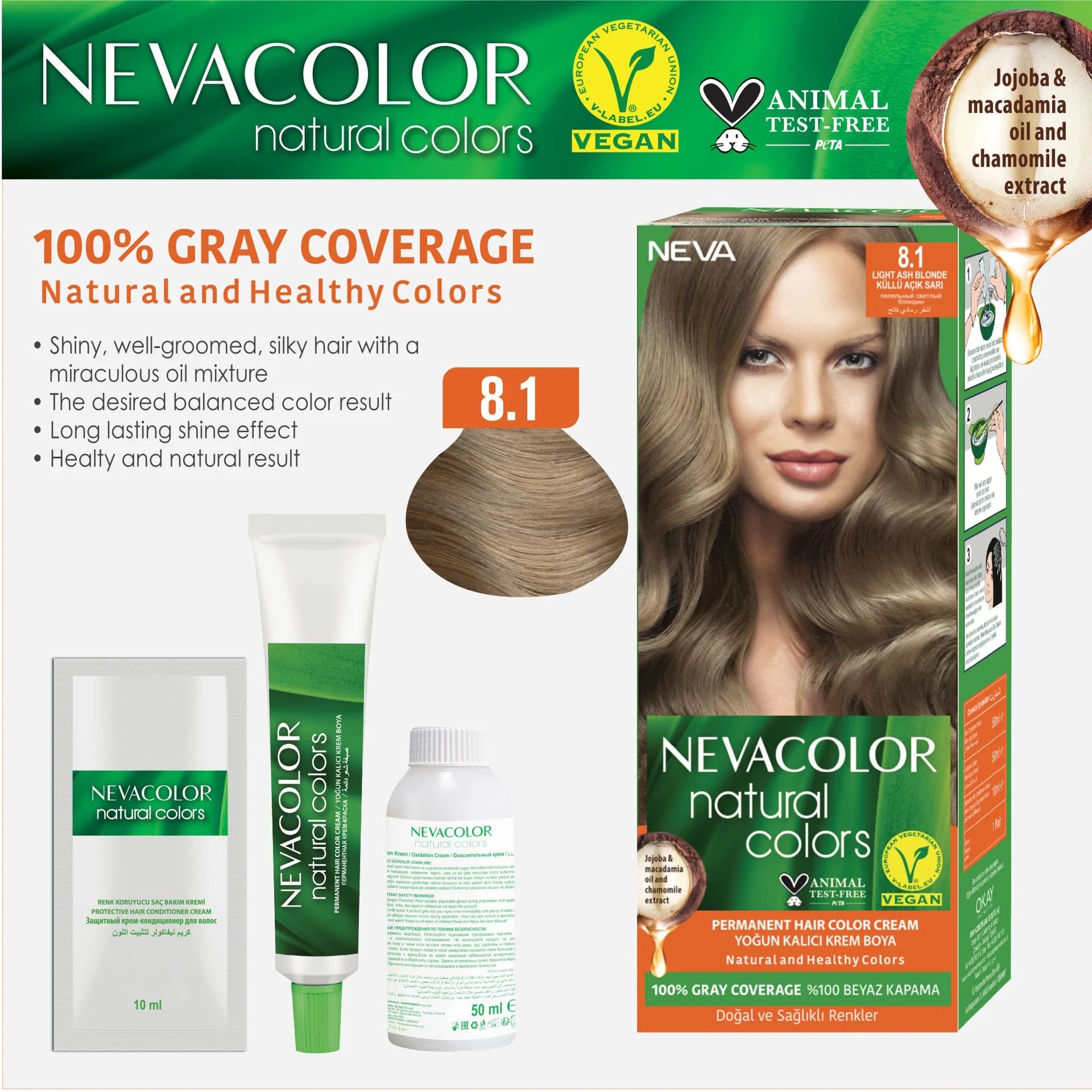 Nevacolor Natural Colors 8.1 Küllü Açık Sarı - Kalıcı Krem Saç Boyası Seti