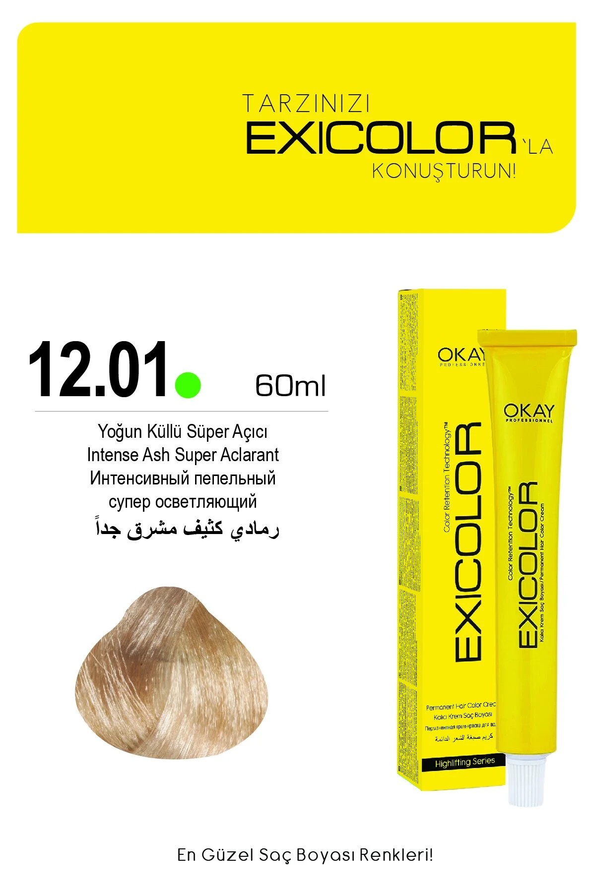 Exicolor 12.01 Yoğun Küllü Süper Açıcı - Kalıcı Krem Saç Boyası 60 ml Tüp