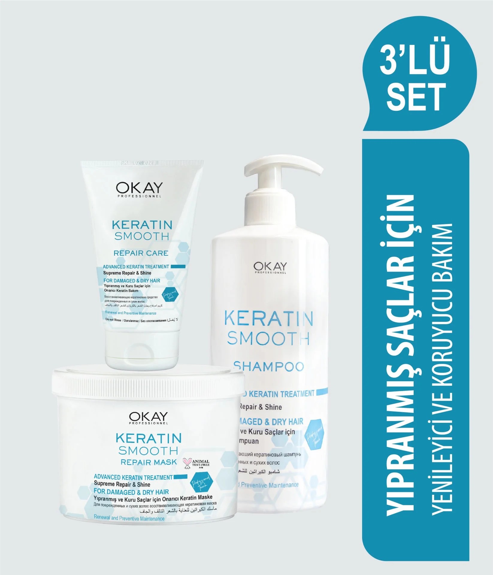 Keratin Smooth Şampuan 500 Ml + Maske 500 Ml + Durulanmaz Krem 100 Ml 3'lü Set