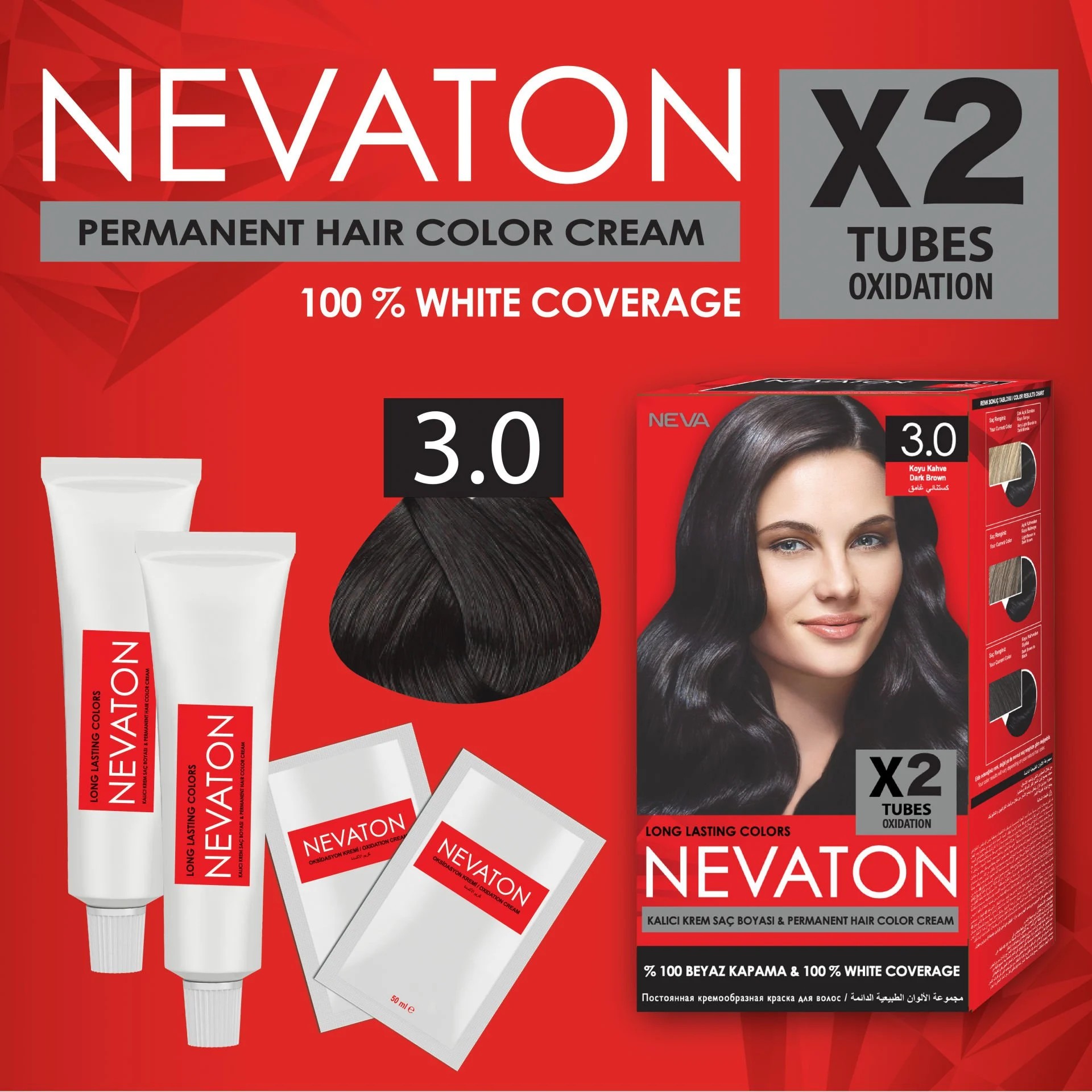 NEVATON 2 x 2'Lİ SET 3.0 KOYU KAHVE Kalıcı Krem Saç Boyası Seti (4 boya + 4 oksidan)