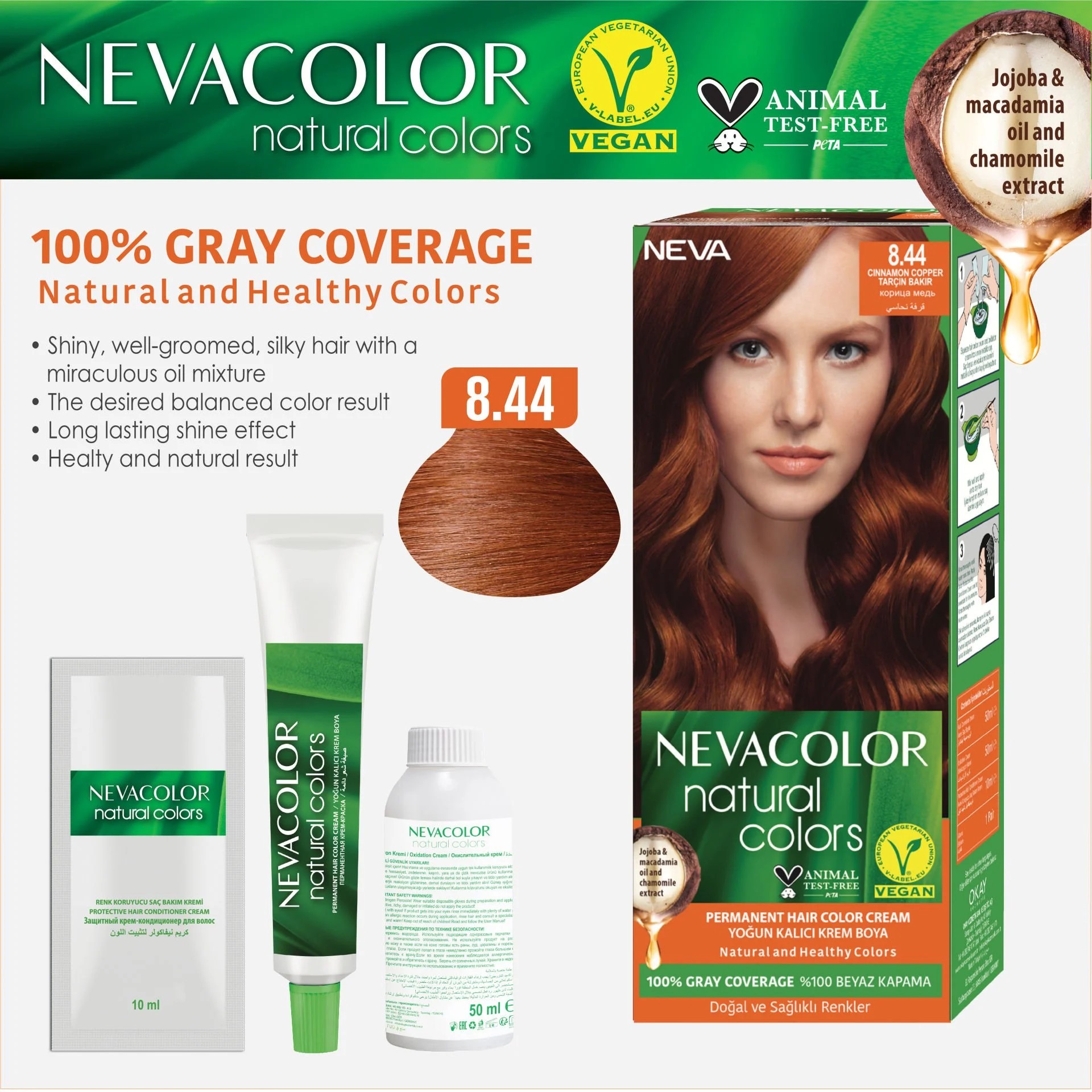 Nevacolor Natural Colors 8.44 Tarçın Bakır - Kalıcı Krem Saç Boyası Seti