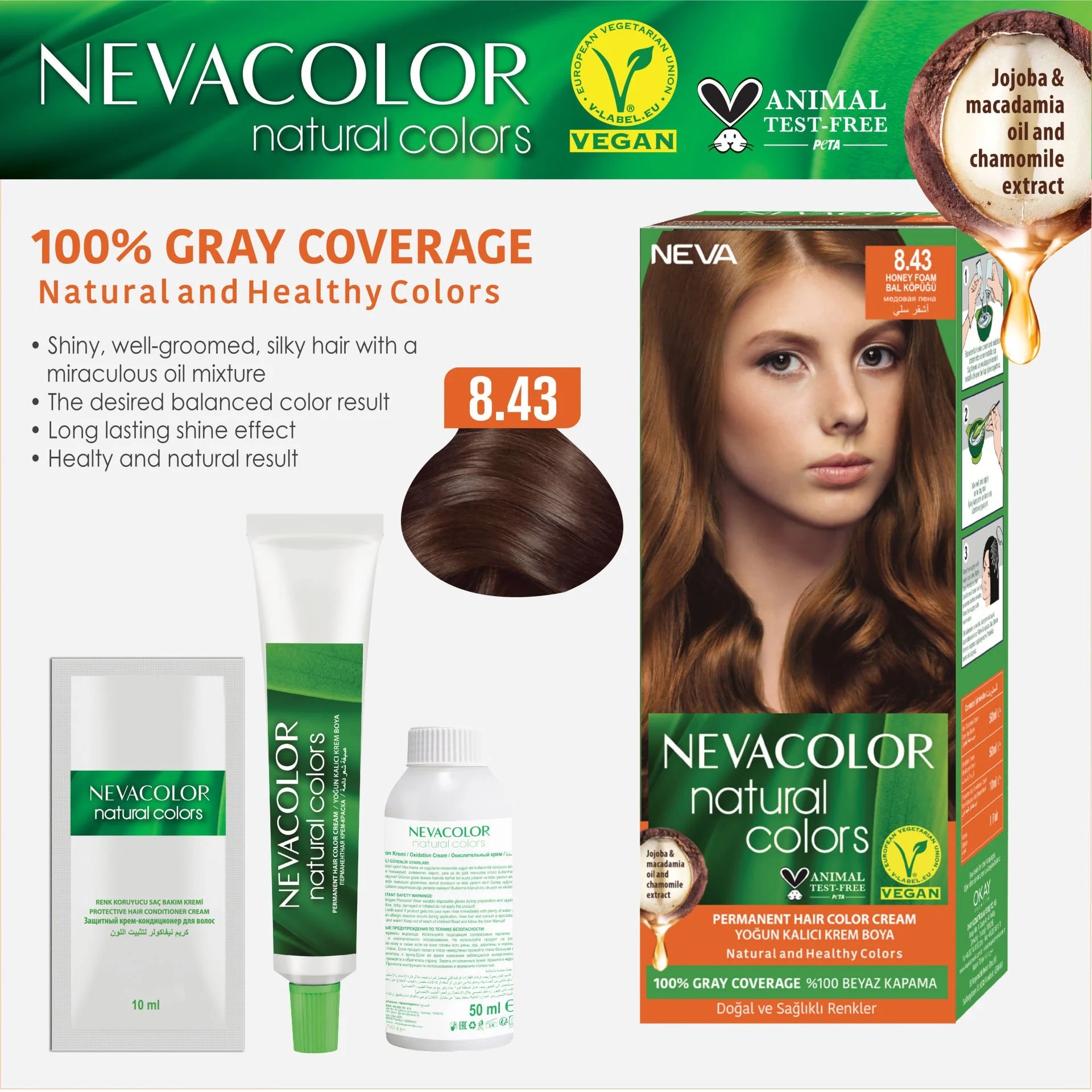 Nevacolor Natural Colors 8.43 Bal Köpüğü - Kalıcı Krem Saç Boyası Seti