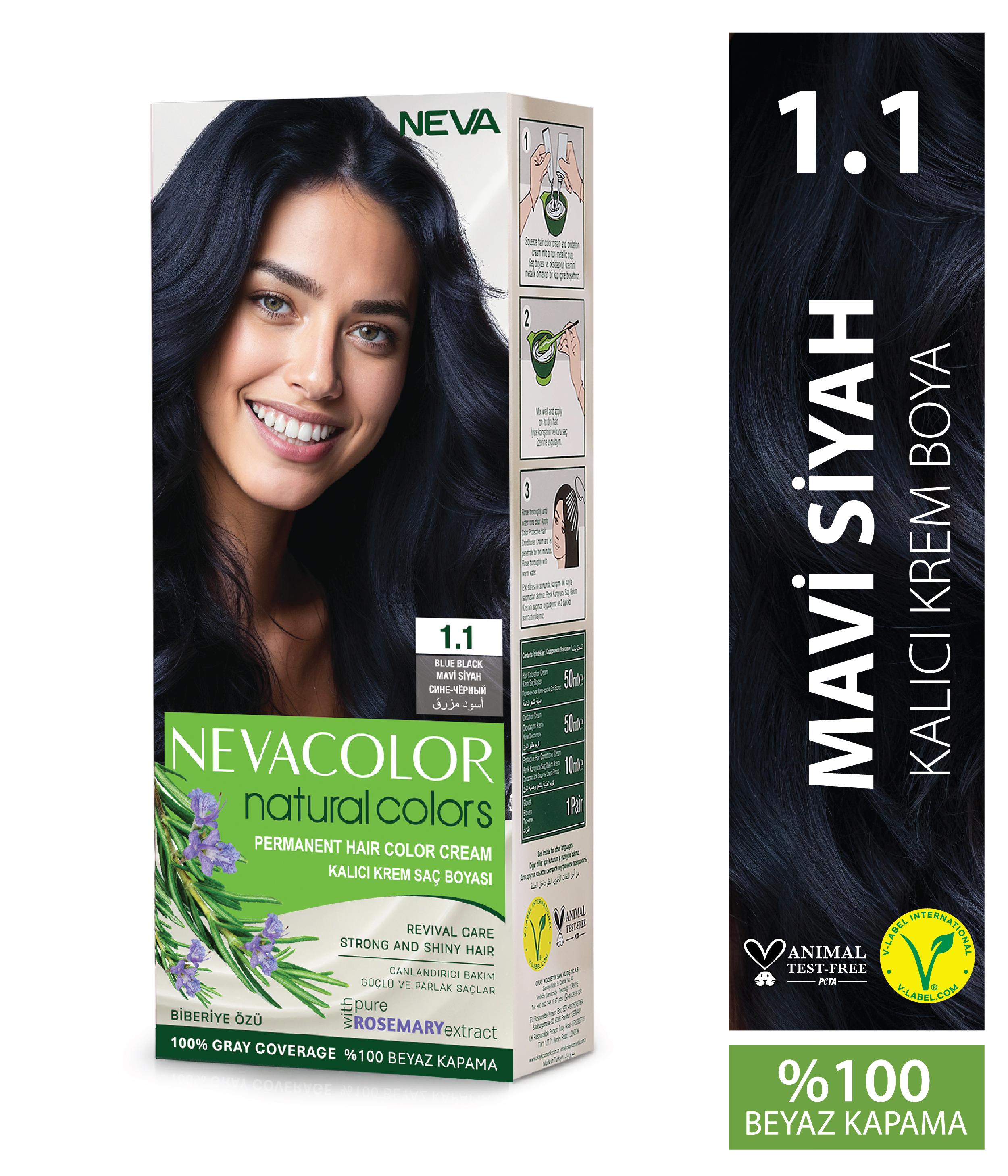 Nevacolor Natural Colors 1.1 Mavi Siyah - Kalıcı Krem Saç Boyası Seti