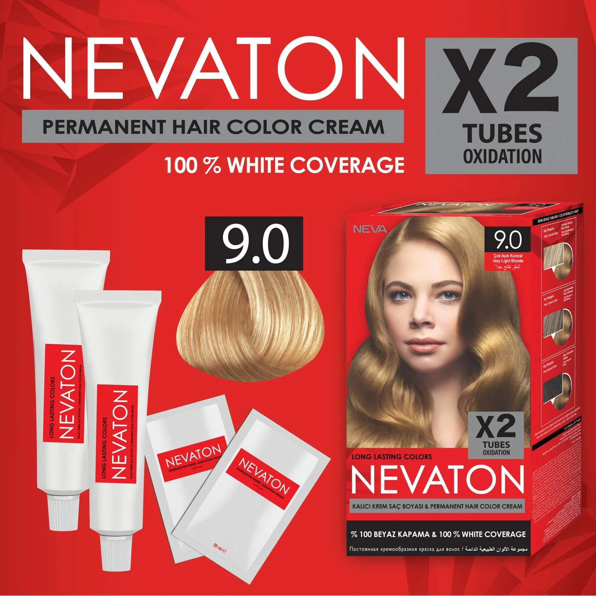 NEVATON 2 x 2'Lİ SET 9.0 ÇOK AÇIK KUMRAL Kalıcı Krem Saç Boyası Seti (4 boya + 4 oksidan)