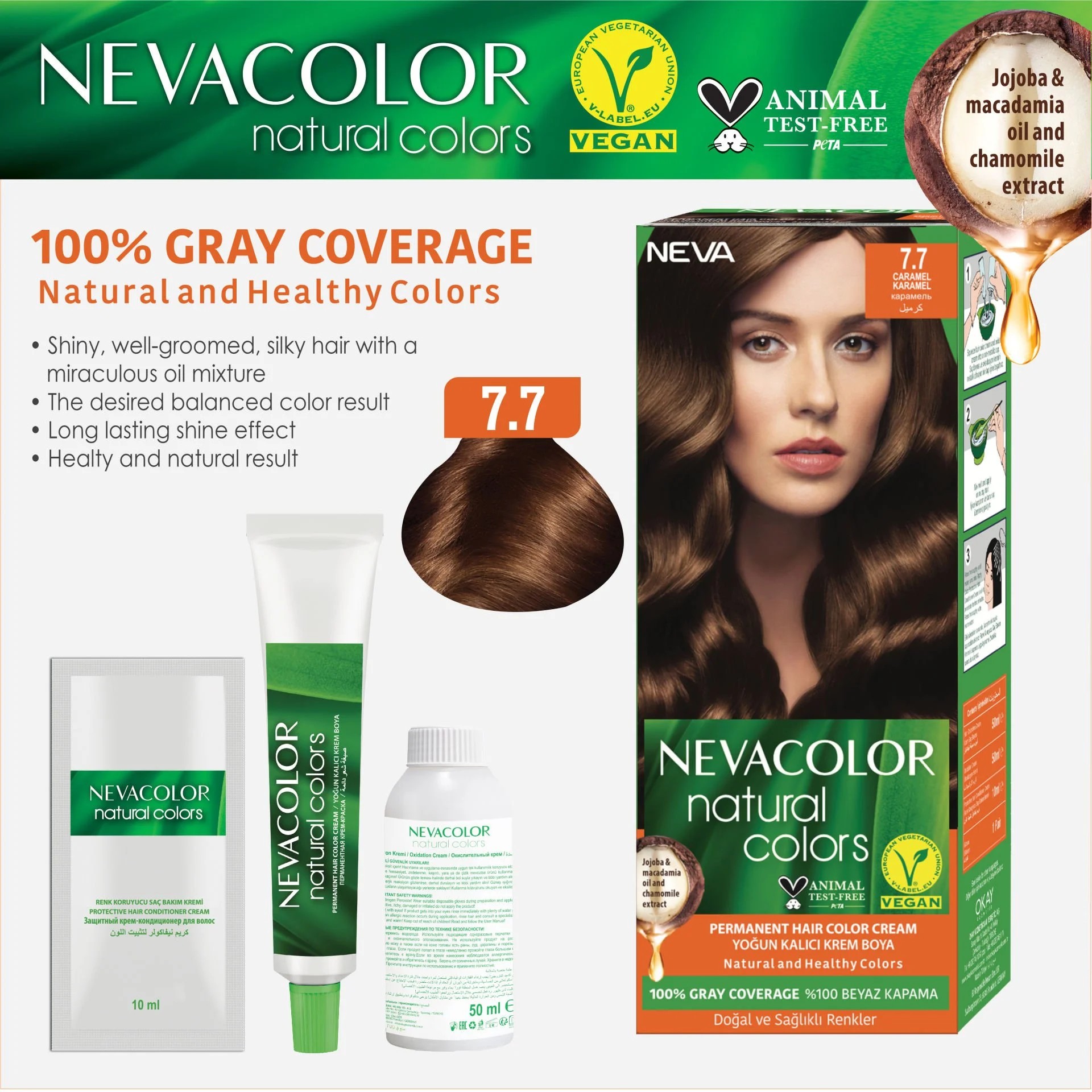 Nevacolor Natural Colors 7.7 Karamel - Kalıcı Krem Saç Boyası Seti