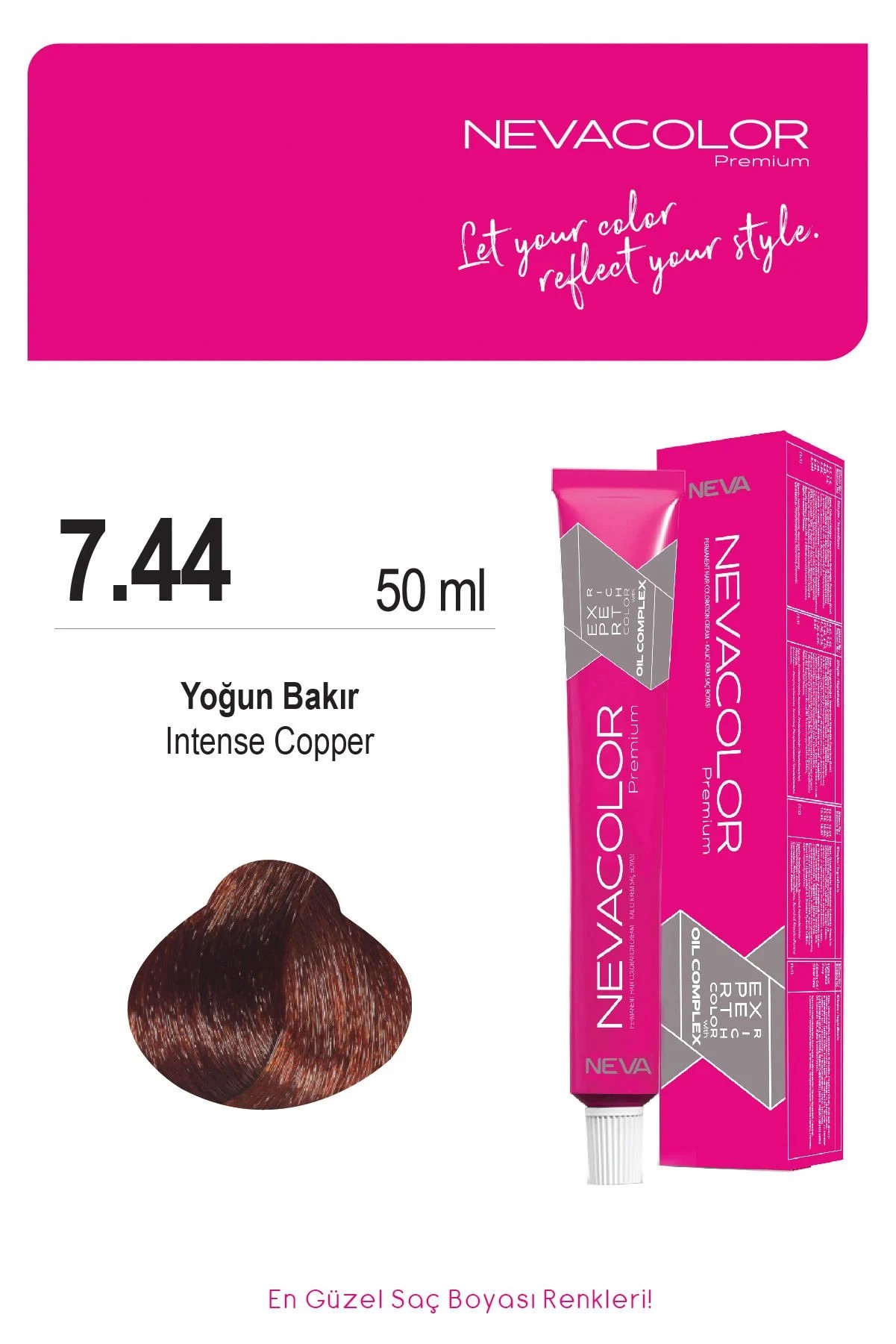 Nevacolor Premium 7.44 Yoğun Bakır - Kalıcı Krem Saç Boyası 50 g Tüp