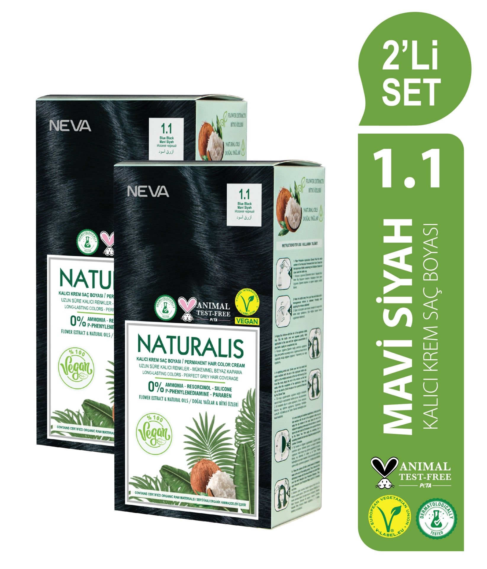 NATURALIS (vegan) 2'Lİ SET 1.1 MAVİ SİYAH Kalıcı Krem Saç Boyası Seti