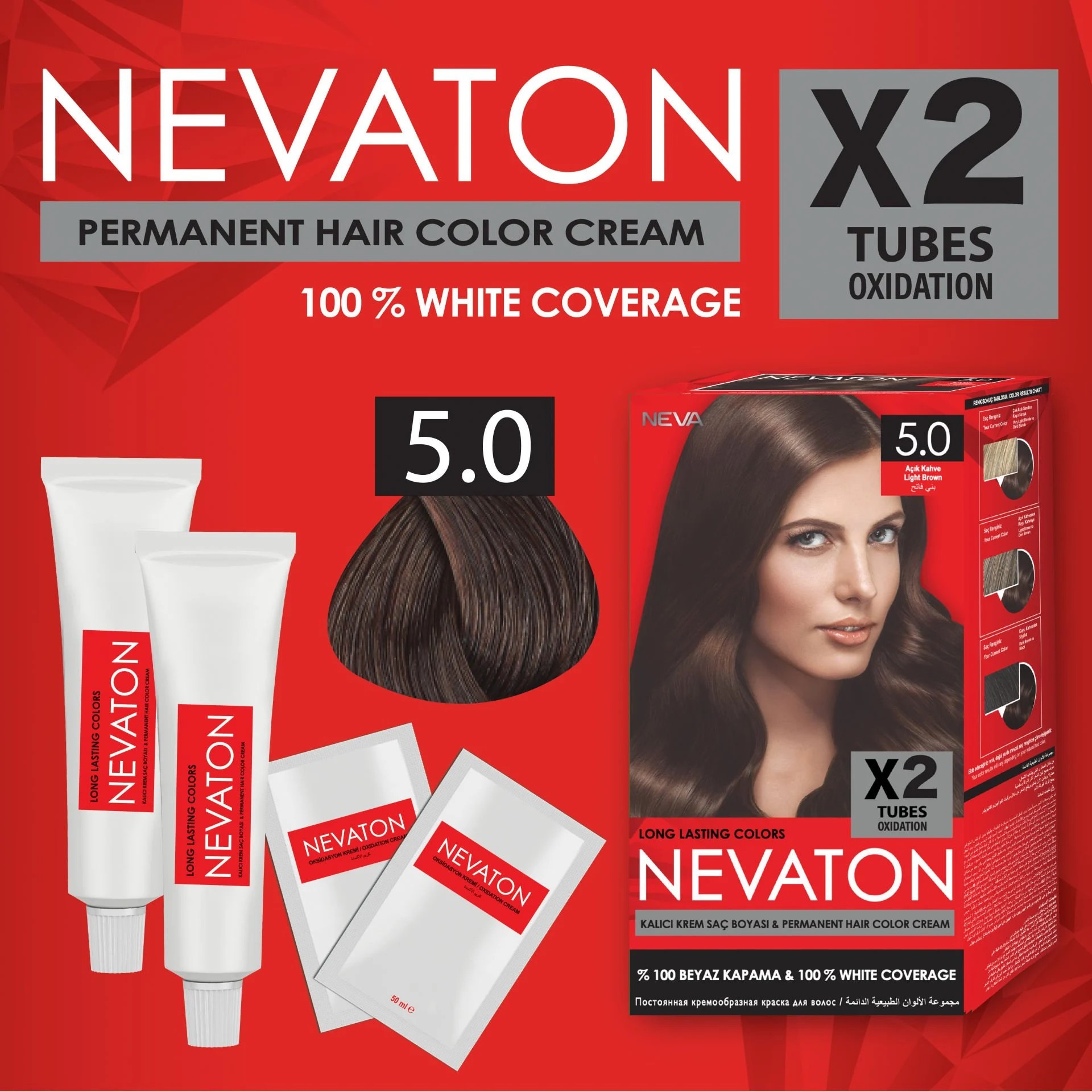 NEVATON 2 x 2'Lİ SET 5.0 AÇIK KAHVE Kalıcı Krem Saç Boyası Seti (4 boya + 4 oksidan)