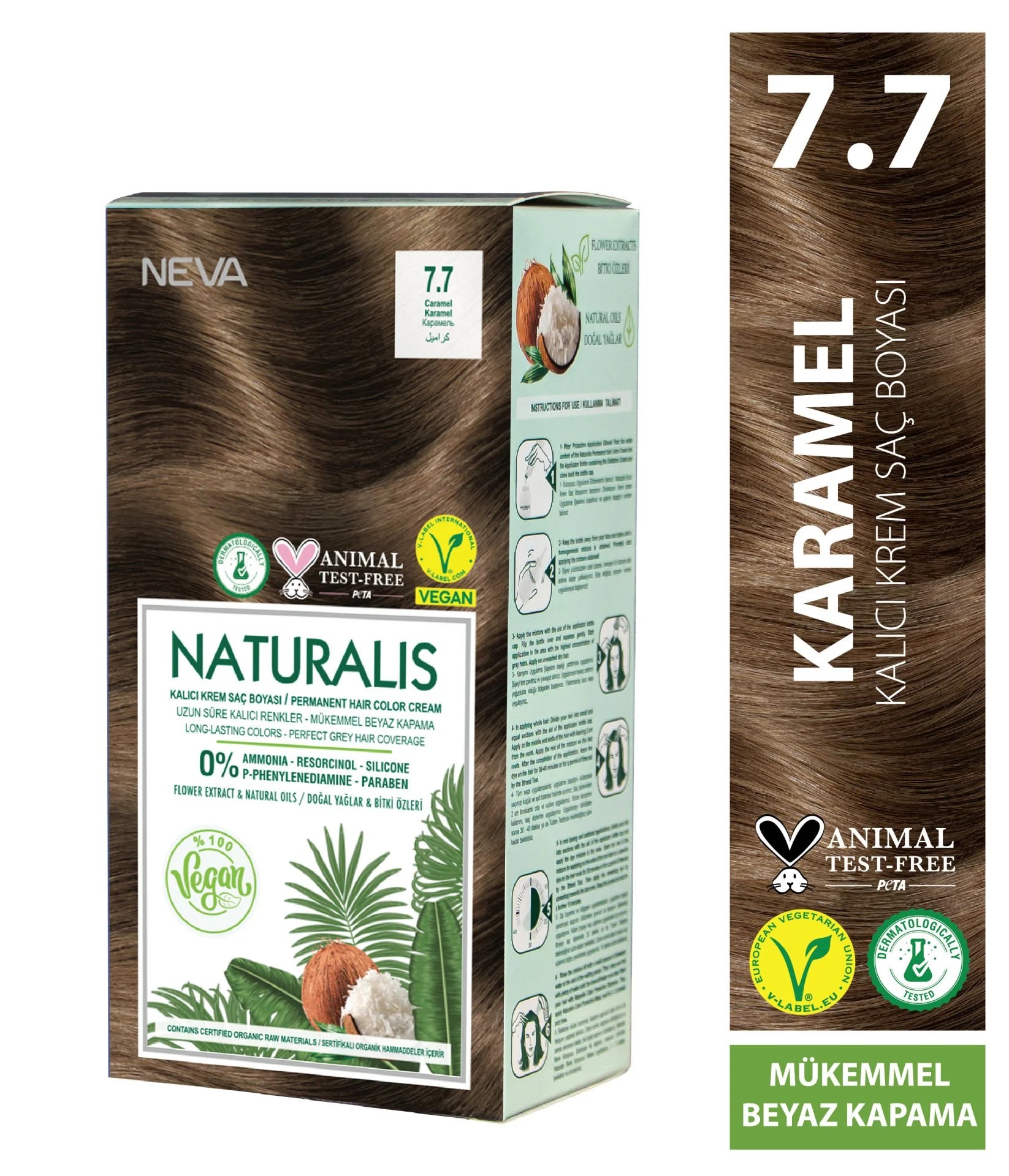 Nevacolor Naturalis Vegan Karamel 7.7 Kalıcı Krem Saç Boyası Seti