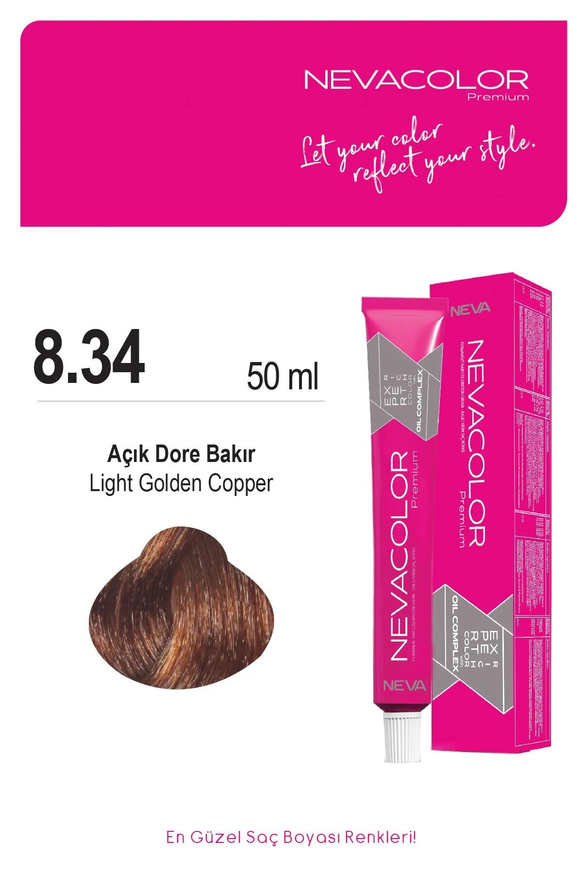 Nevacolor Premium 8.34 Açık Dore Bakır - Kalıcı Krem Saç Boyası 50 g Tüp