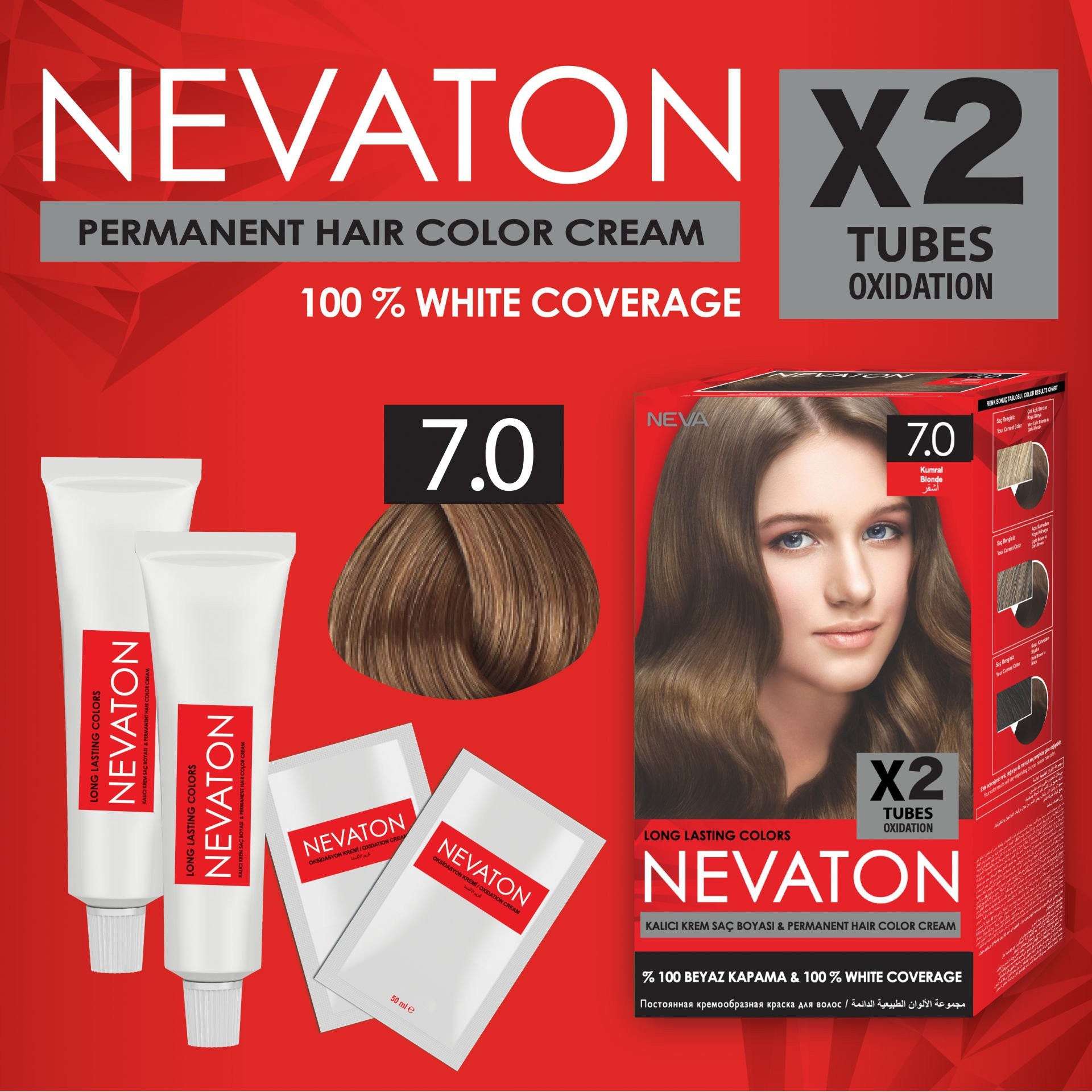 NEVATON 2 x 2'Lİ SET 7.0 KUMRAL Kalıcı Krem Saç Boyası Seti (4 boya + 4 oksidan)