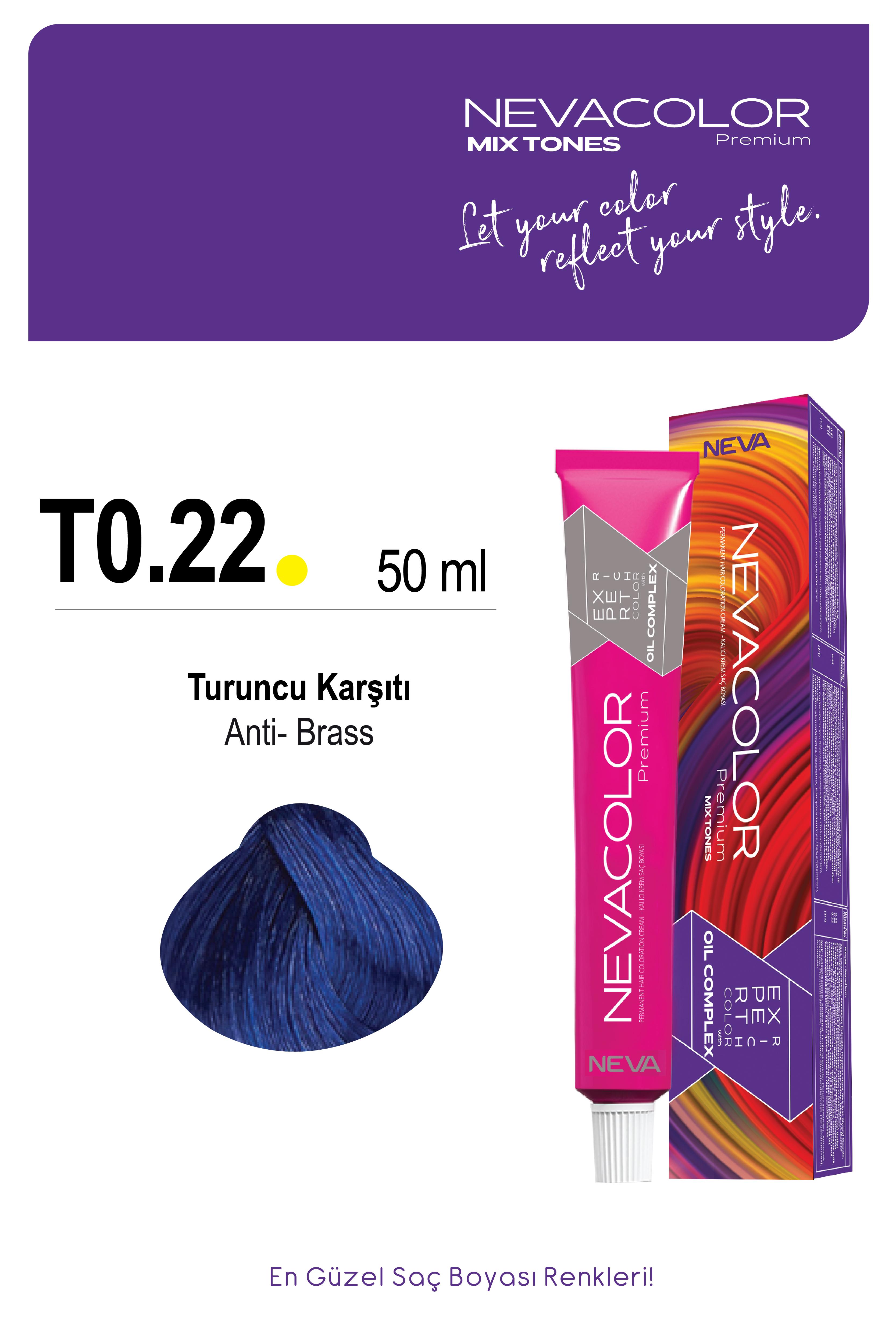 Nevacolor Premium T0.22 Turuncu Karşıtı - Kalıcı Krem Saç Boyası 50 g Tüp