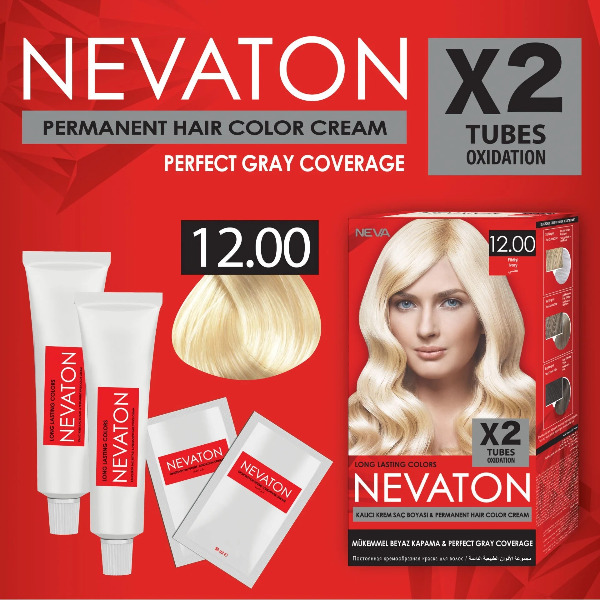 NEVATON 2 x 2'Lİ SET 12.00 FİLDİŞİ Kalıcı Krem Saç Boyası Seti (4 boya + 4 oksidan)