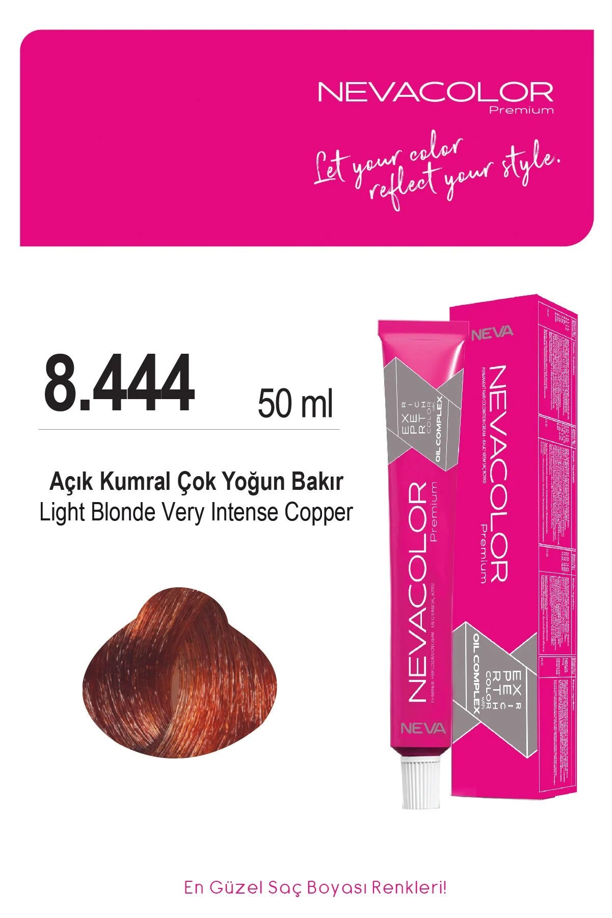 Nevacolor Premium 8.444 Açık Kumral Çok Yoğun Bakır - Kalıcı Krem Saç Boyası 50 g Tüp