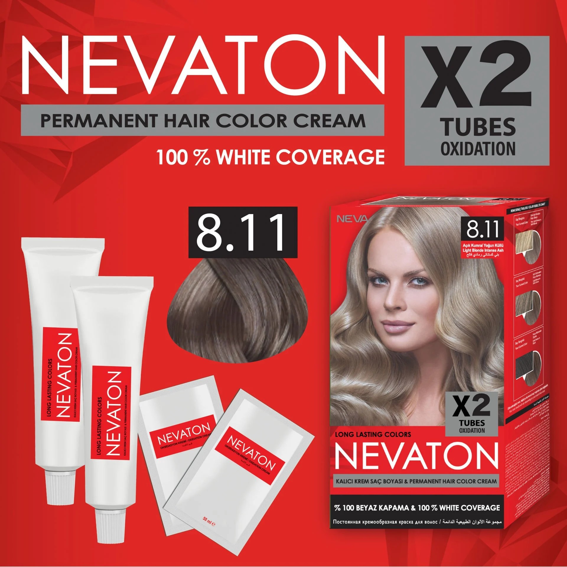 NEVATON 2 x 2'Lİ SET 8.11 AÇIK KUMRAL YOĞUN KÜLLÜ Kalıcı Krem Saç Boyası Seti (4 boya + 4 oksidan)